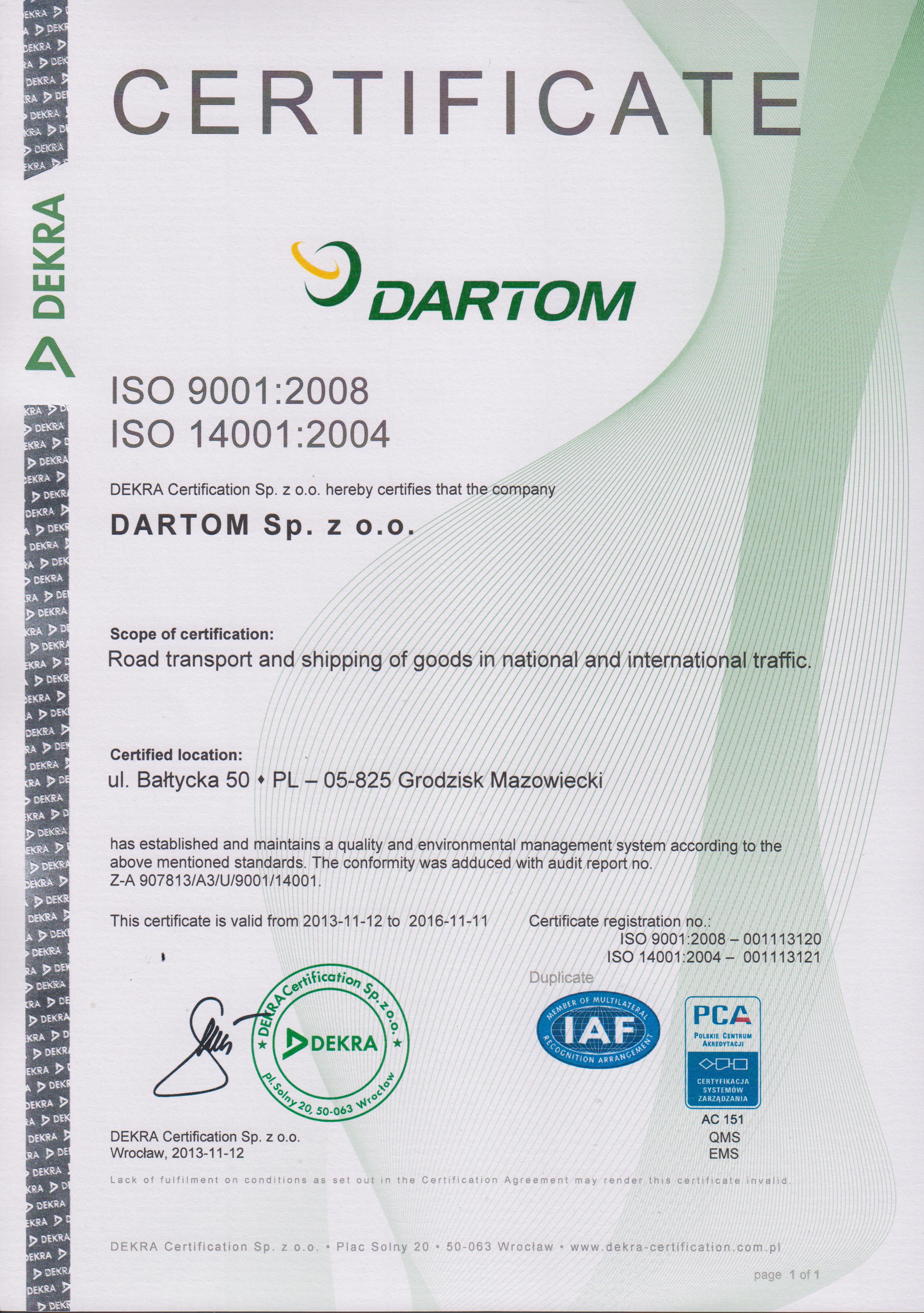 CERTYFIKA ISO 9001, 14001 - 1