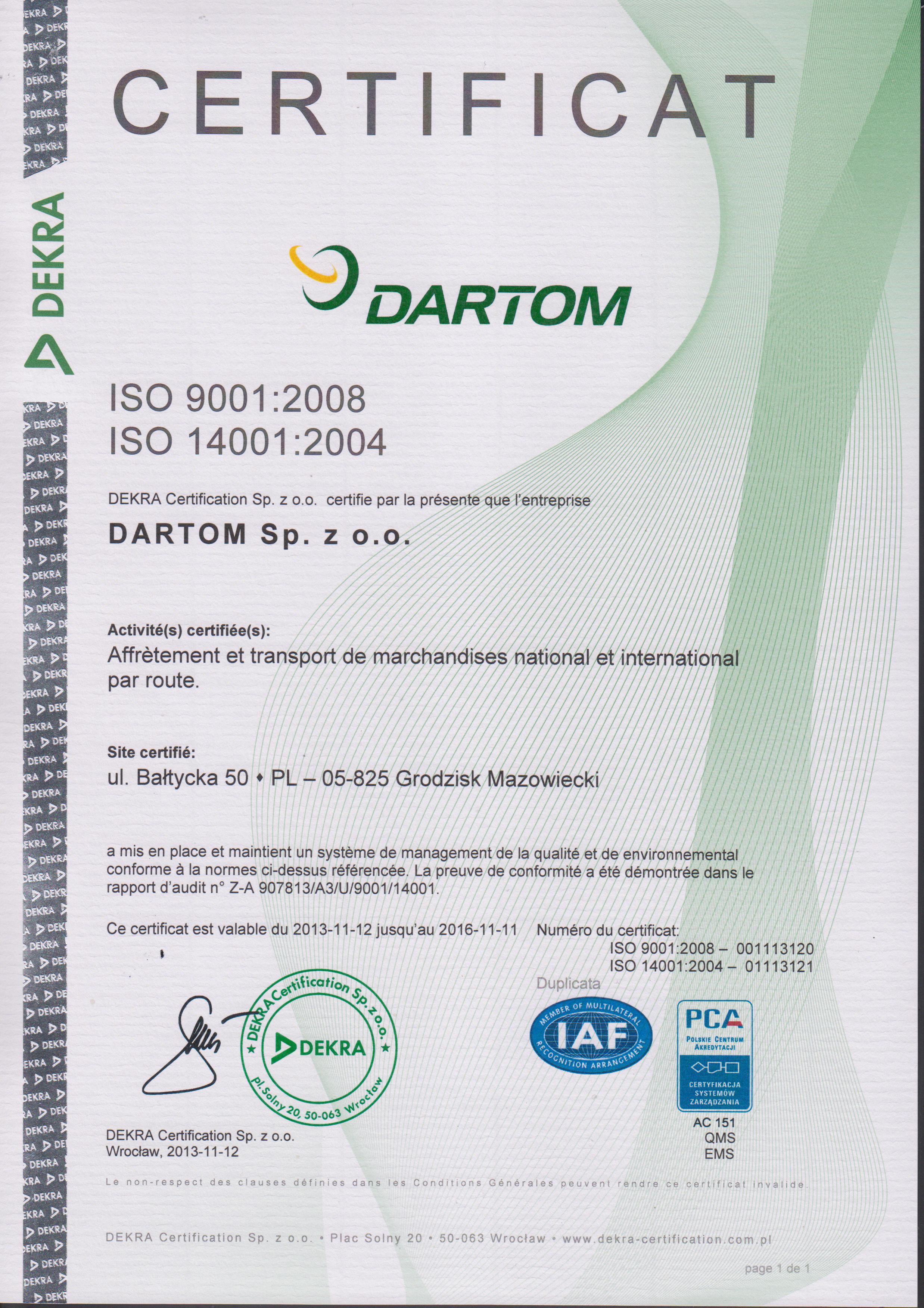 CERTYFIKAT ISO 9001, 14001 - 2