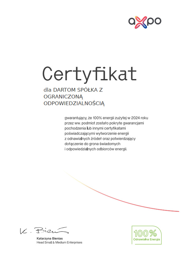 Certyfikat AXPO - 100% zielonej energii
